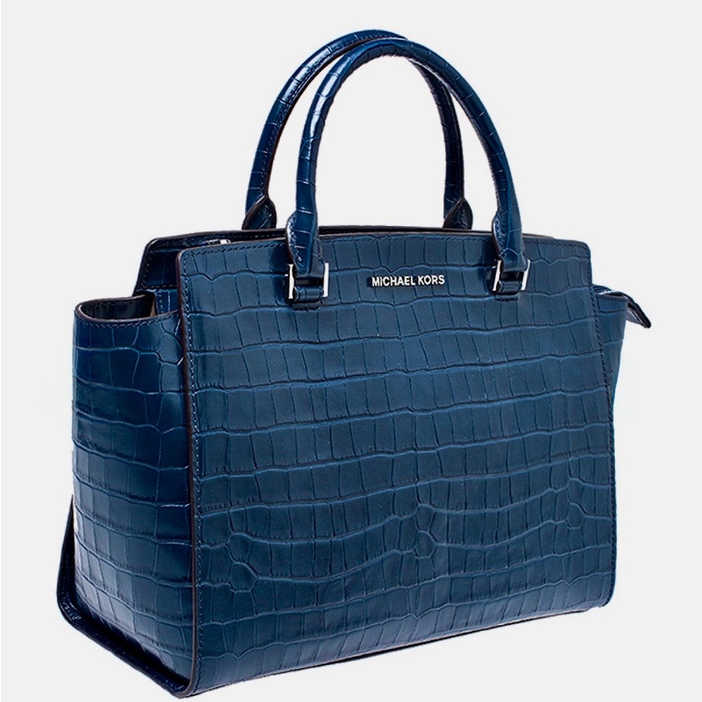 Michael Kors blue croc embossed leather top handle bag